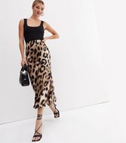 New Look Brown Leopard Print Satin Bias Cut Midi Skirt